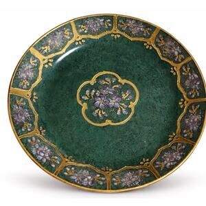 Toyo Cloisonné Dark Green Gold Floral Plate Manor Park Hand Painted Purple 10”